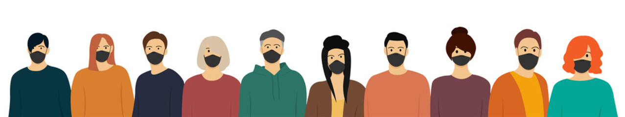 A group of men and women wearing medical masks to prevent disease. Quarantine concept. Illustration in a flat style.