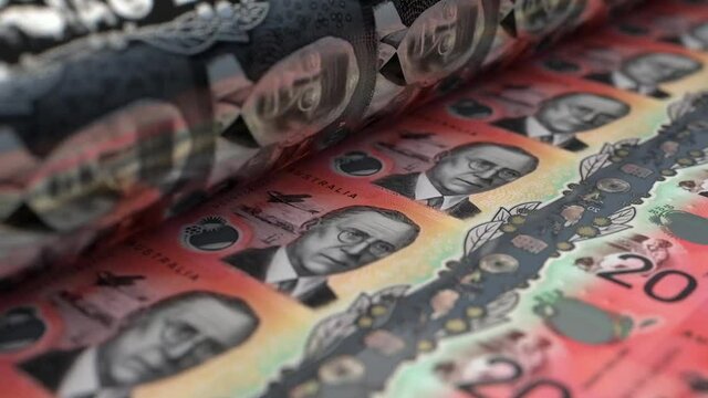 A loop able animation concept image showing a long sheet of new Australian dollar notes going through a print roller in its final phase of a print run	