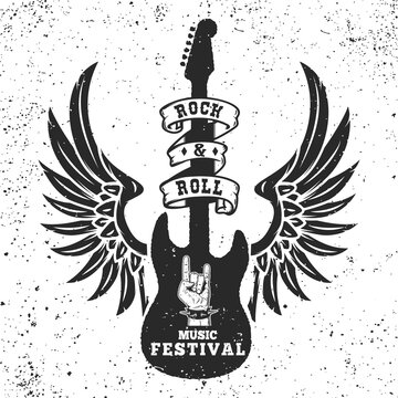 Rock and roll festival poster template. Winged guitar on grunge background. Design element for logo, emblem, card,banner, t-shirt. Vector illustration