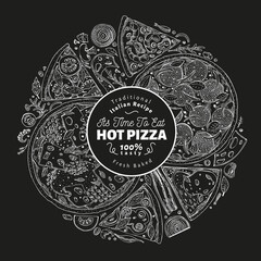 Hand drawn pizza banner. Vector Italian pizza illustrations on chalk board. Retro fast food background