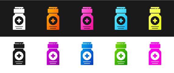 Set Medicine bottle icon isolated on black and white background. Bottle pill sign. Pharmacy design.  Vector Illustration