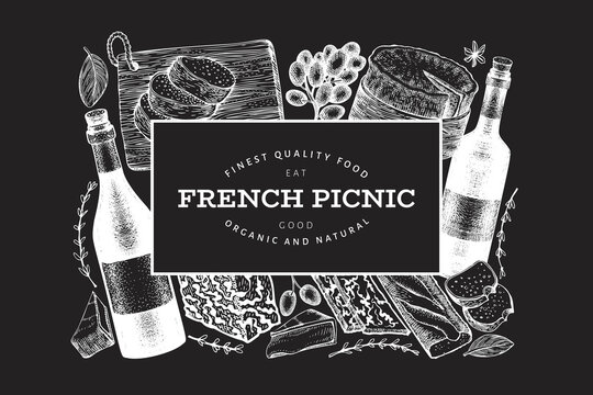 French food illustration design template. Hand drawn vector picnic meal illustrations on chalk board. Engraved style different snack and wine banner. Retro food background.