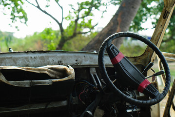 Steering wheel of an old abandoned car