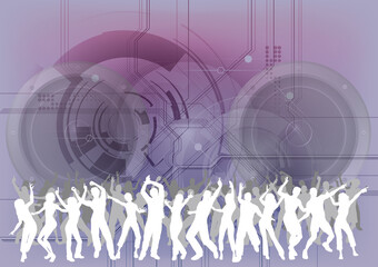 People dancing at an event with abstract sound speaker background