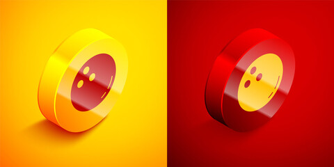 Isometric Bowling ball icon isolated on orange and red background. Sport equipment. Circle button. Vector Illustration