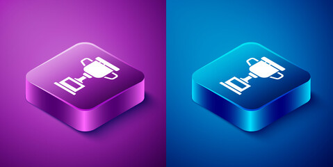 Isometric Award cup icon isolated on blue and purple background. Winner trophy symbol. Championship or competition trophy. Sports achievement sign. Square button. Vector Illustration