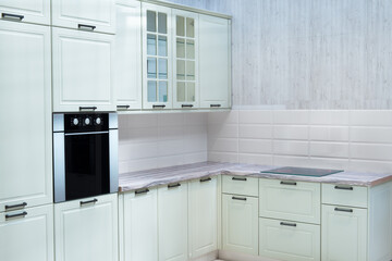 Fototapeta premium Modern kitchen room interior with furniture and counter for concept design - light home background