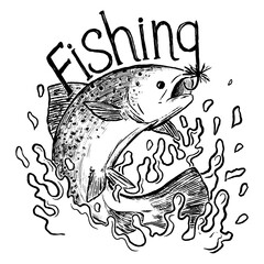Fishing emblem, logo, print, lettering. Hand drawn vector illustration. Rainbow trout jumps out of the water. Outline picture isolated on white. Retro engraving for design, typography, card, t-shirt.