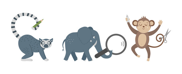 Obraz premium Vector cute monkey, elephant and lemur with magnifying glass, scissors, glue, pencil. Funny tropical exotic animals illustration. School educational activity concept. Jungle summer clipart.