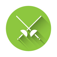 White Fencing icon isolated with long shadow. Sport equipment. Green circle button. Vector Illustration