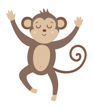 Vector cute jumping monkey with closed eyes and hands up isolated on white background. Funny tropical animal illustration. Bright flat picture for children. Jungle summer clip art.
