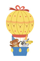 Vector cute bear and raccoon in hot air balloon. Funny birthday animals for card, poster, print design. Bright holiday illustration for kids. Cheerful celebration character icon isolated on white