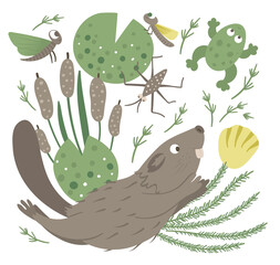 Vector cartoon style flat funny swimming beaver with frog, reeds, water insects clip art. Cute illustration of woodland animal for children’s design. . © Lexi Claus