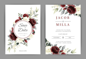 Wedding invitation card set with red and white rose watercolor vector template