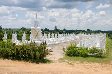 Several white Buddha statues sit in a row.