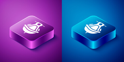 Isometric Jet ski icon isolated on blue and purple background. Water scooter. Extreme sport. Square button. Vector Illustration