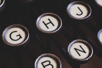  close-up antique typewriter keys, vintage