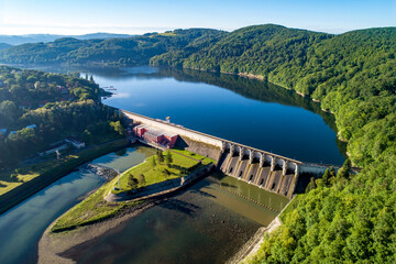 Roznow dam, lake and hydroelectric power plant on the Dunajec River in Poland. Aerial view. Early...