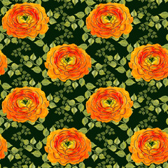 Seamless pattern of Hand-drawn watercolor ranunculus with foliage on black. Orange flower with yellow middle with green leaves. Sketch of bright Persian or Chinese or Asian Buttercup with black line