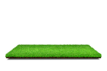 Side view of Square artificial green grass covered brown soil ground isolated on white background.