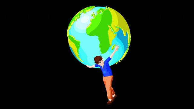 Seamless Walk Cycle of a man Walking and holding big planet earth on his back 4K 