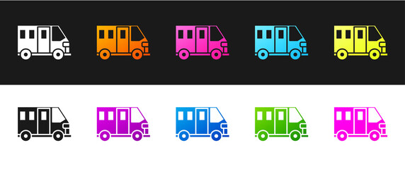Fototapeta premium Set School Bus icon isolated on black and white background. Public transportation symbol. Vector Illustration