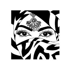A beautiful portrait of a woman in a hijab, large eyes, long eyelashes, Arabic makeup, ornament on the fabric of clothing, a woman in a burqa with a veil on her face, a graphic drawing by hand.