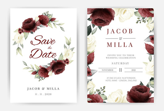 Wedding Invitation Card Set With Wreath Red And White Rose Watercolor Vector Template