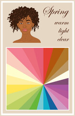 Stock vector color guide. Seasonal color analysis palette for spring type of female appearance. Face of young african american woman
