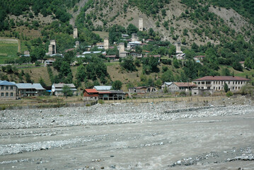 Mestia village is located on Mestiachala river bank. Svaneti Region, Georgia, Caucasus.
