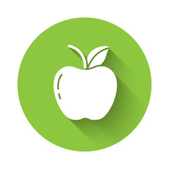 White Apple icon isolated with long shadow. Fruit with leaf symbol. Green circle button. Vector Illustration