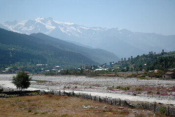 Mestia village is located on Mestiachala river bank. Svaneti Region, Georgia, Caucasus.