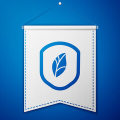 Blue Shield with leaf icon isolated on blue background. Eco-friendly security shield with leaf. White pennant template. Vector Illustration
