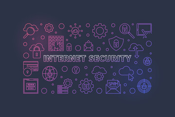 Internet Security vector concept outline colorful horizontal illustration or banner on dark background