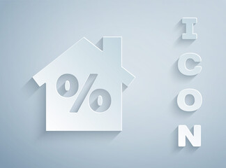 Paper cut House with percant discount tag icon isolated on grey background. Real estate home. Credit percentage symbol. Paper art style. Vector Illustration