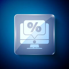 White Percent discount and monitor icon isolated on blue background. Sale percentage - price label, tag. Square glass panels. Vector Illustration