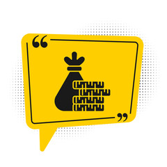 Black Money bag and coin icon isolated on white background. Dollar or USD symbol. Cash Banking currency sign. Yellow speech bubble symbol. Vector Illustration