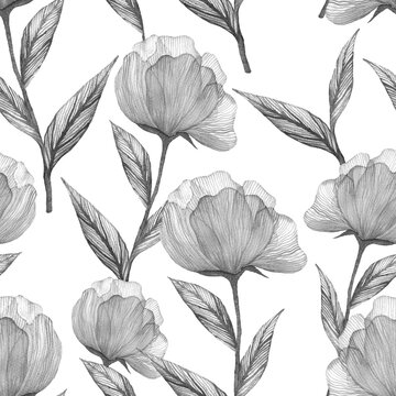 Floral seamless pattern with peonies watercolour. Summer background on white. © elenavic