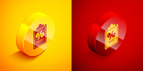 Isometric Finance document icon isolated on orange and red background. Paper bank document for invoice or bill concept. Circle button. Vector Illustration