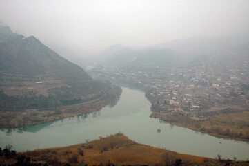 The confluence of Aragvi in Mtkvari (Kura) River near by Mtskheta town. Georgia, Caucasus.