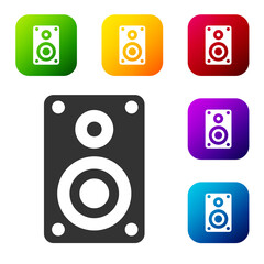 Black Stereo speaker icon isolated on white background. Sound system speakers. Music icon. Musical column speaker bass equipment. Set icons in color square buttons. Vector Illustration