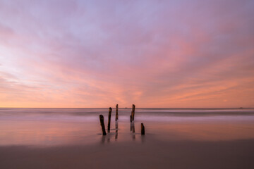 Fototapeta na wymiar Beautiful sunrise of old jetty piles at St. Clair Beach in Dunedin, New Zealand.