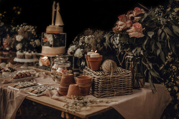 Candy bar. White wedding cake decorated by flowers standing of festive table with deserts, strawberry tartlet and cupcakes. Wedding. Reception Tartlets