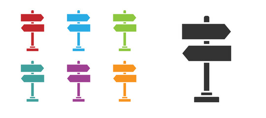 Black Road traffic sign. Signpost icon isolated on white background. Pointer symbol. Isolated street information sign. Direction sign. Set icons colorful. Vector Illustration