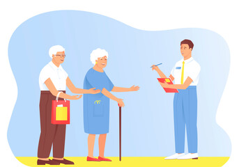 The interviewer asks questions to the older couple. Grandparents answer test questions. Sociological survey of passers-by. Survey of buyers interested in the product. Flat vector illustration.