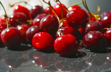 red ripe cherries with twigs
