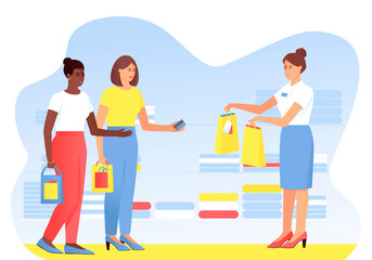 Two shopping girlfriends are shopping. One woman pays with a card for purchases. African American woman takes paper bags with purchases from the seller. Vector cartoon flat illustration.