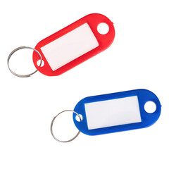 Colorful red and blue blank plastic key rings isolated on white background.