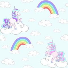 Seamless pattern with unicorn pony and rainbow. Cute magic cartoon fantasy cute animal. Dream symbol. Design for children.