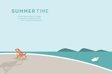  Sea view landscape with deck chair summer time holiday concept.Vector illustration. © Eaks1979